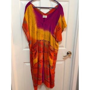Kantha Bae Women's Kaftan Dress V Neck Orange Pink Yellow Print Pockets One Size